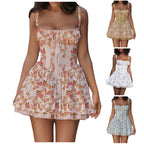 Women's Boho Lace Corset Mini Dress - Backless Ruffle Tie-Up Summer Dress