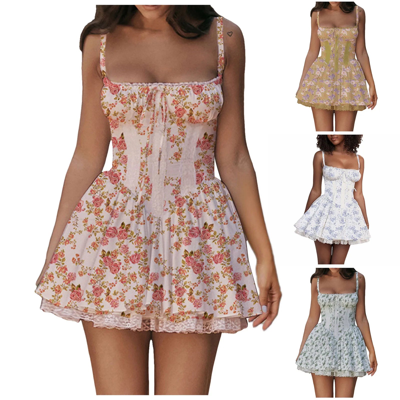 Women's Boho Lace Corset Mini Dress - Backless Ruffle Tie-Up Summer Dress