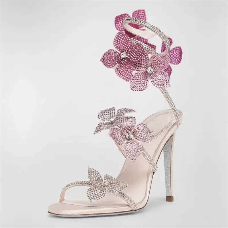 Aneikeh Luxury Designer Pink Flower Rhinestone High Heels Sandals Shoe Sexy Wrap Strap Open Toe Stripper Prom Party Ladies Shoes