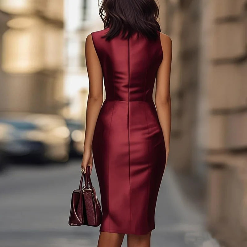 Women's Sleeveless Midi Dress - Elegant Solid Color Office & Party Style