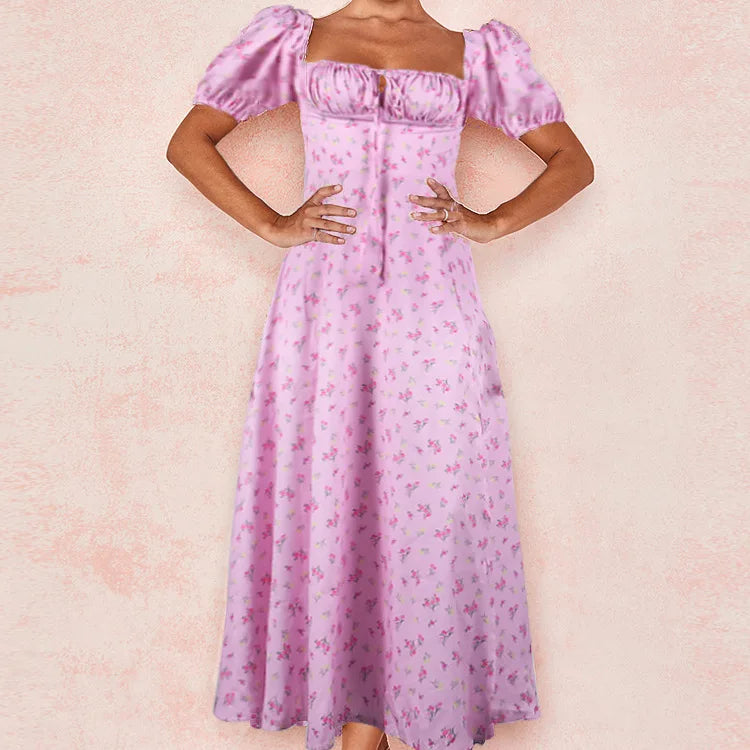 Women's Floral Print Bubble Sleeve Maxi Dress - Square Neck Lace-Up High Waist Split Dress