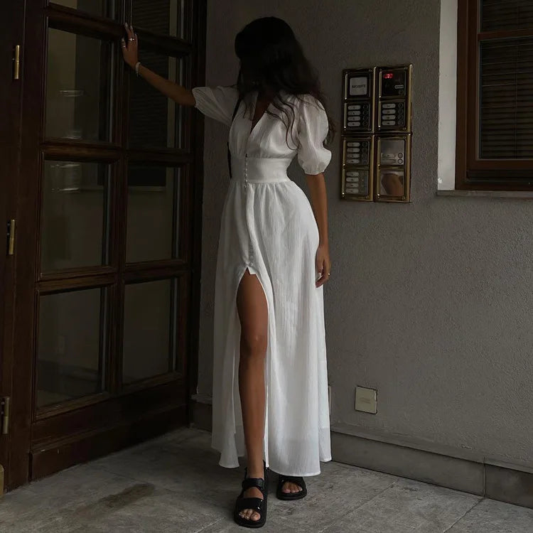 Women's Boho Maxi Dress - Deep V-Neck Flying Sleeve High Waist Split Dress