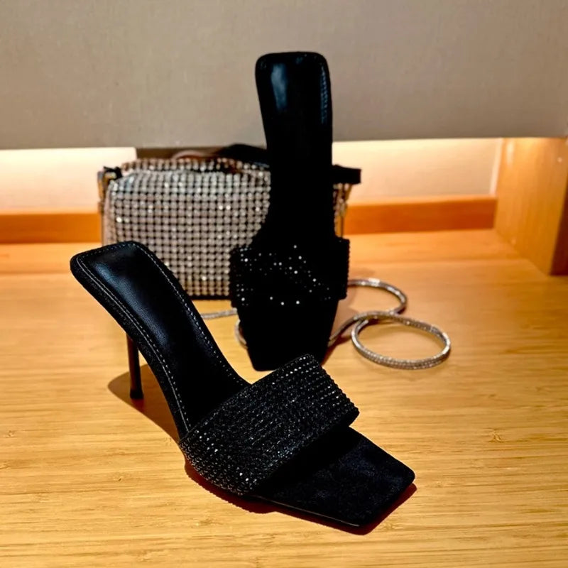 Rhinestone Stiletto Sandals - Velvet Square Toe High Heels for Women