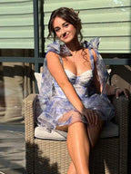 Women's Printed Floral Puffy Mini Dress - Halter Backless Layered Party Dress