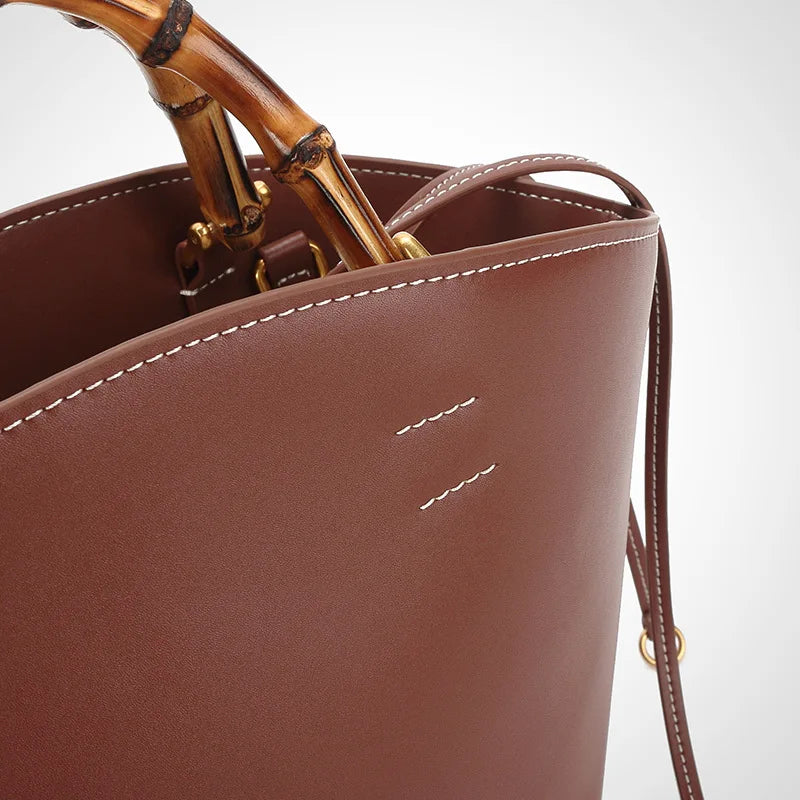 Women's Genuine Leather Tote Bag - Round Wooden Handles Minimalist Shoulder Bag