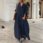 Women's Cotton Linen Maxi Dress - Loose Button Casual Dress