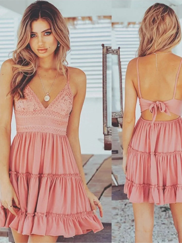 Women's Spaghetti Strap Mini Dress - V-Neck Lace-Up Beach Party Dress