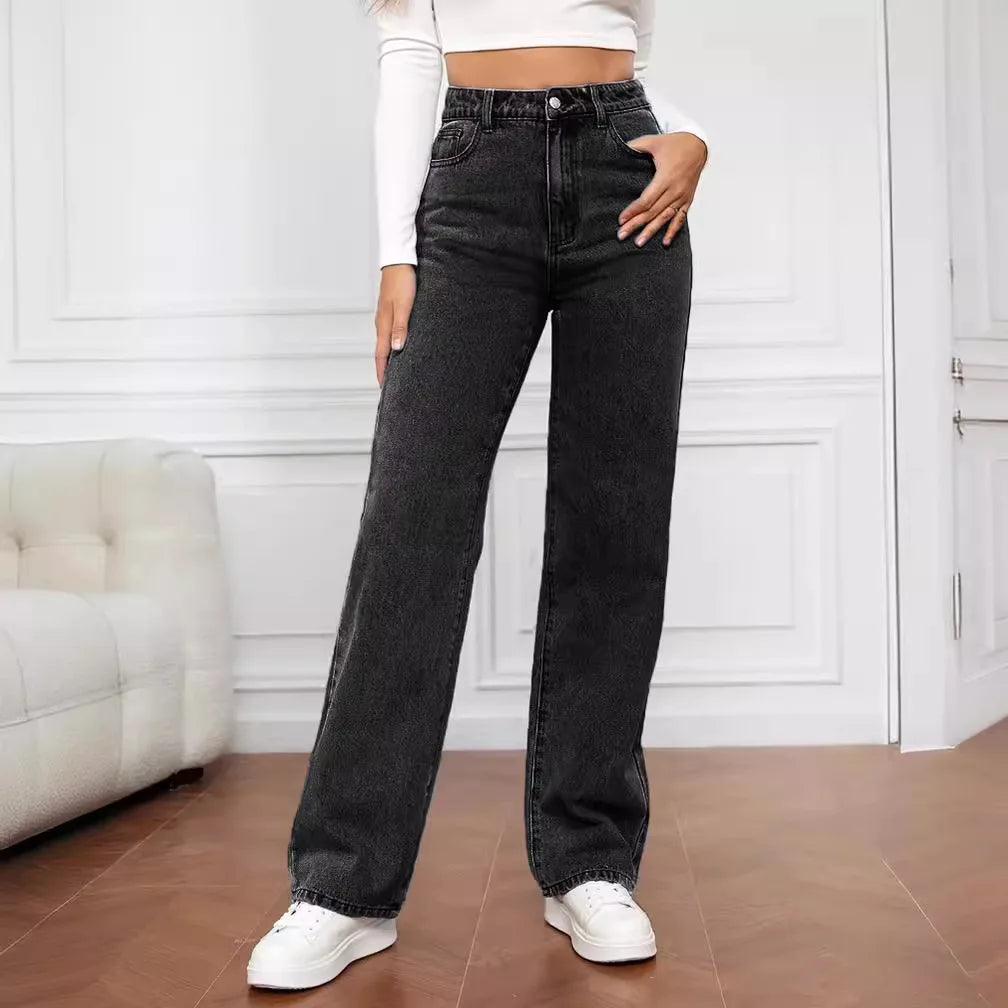 Y2K High Waist Straight Jeans - Retro Baggy Denim Pants for Women
