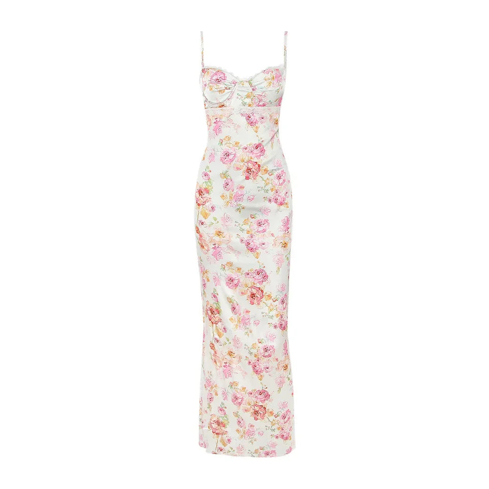 Floral Print Satin Slip Dress — Sleeveless Midi Evening Dress