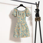 Women's Floral Chiffon Mini Dress - Puff Sleeve V-Neck Casual Dress