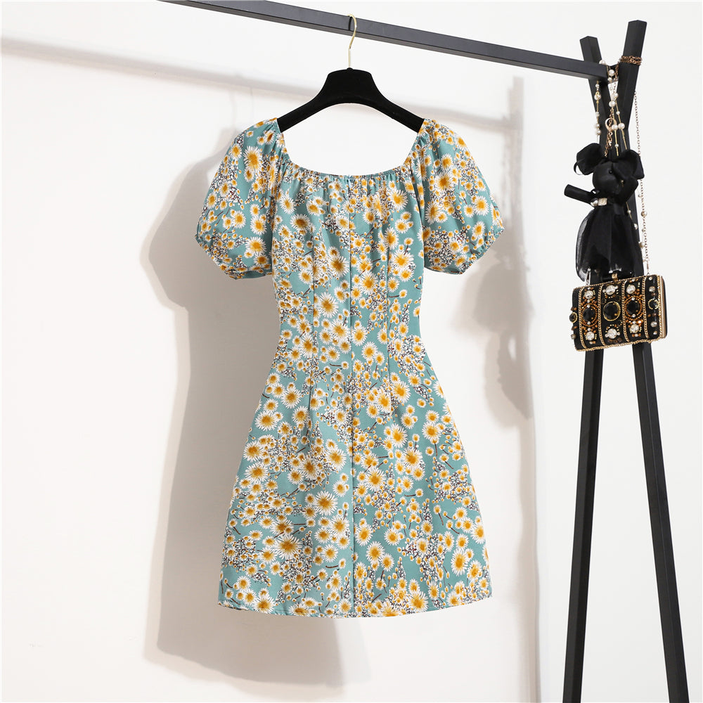 Women's Floral Chiffon Mini Dress - Puff Sleeve V-Neck Casual Dress