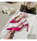Satin Rhinestone Flower Heeled Sandals - Pointed Toe Stiletto for Women