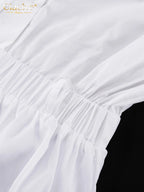 White Cotton Lapel Mini Dress - Long Sleeve Pleated A-Line Dress for Women