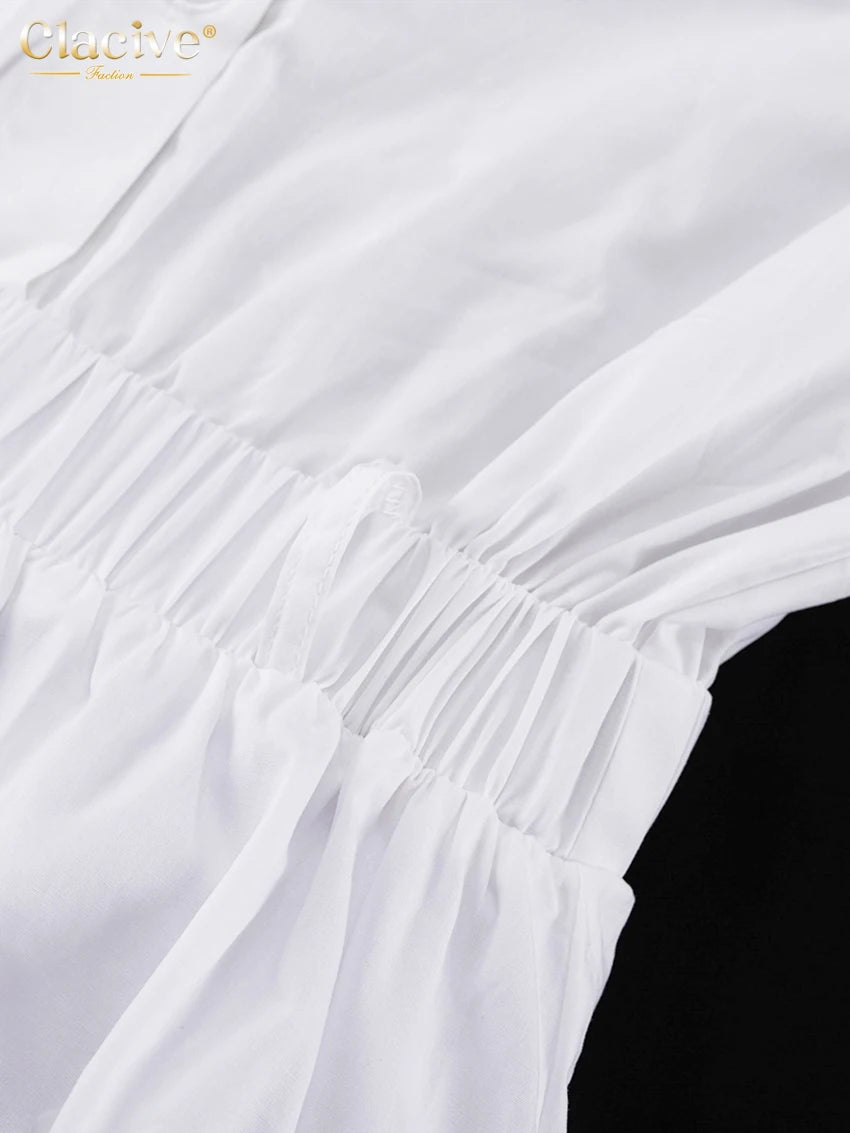 White Cotton Lapel Mini Dress - Long Sleeve Pleated A-Line Dress for Women