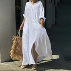 Women's Cotton Linen Maxi Dress - Loose Button Casual Dress