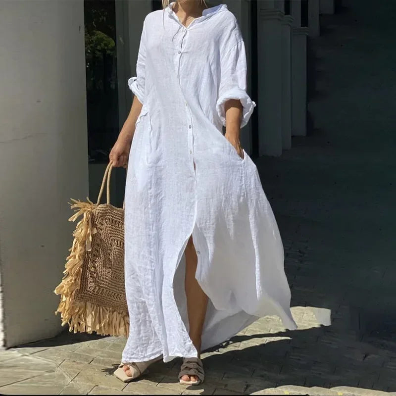 Women's Cotton Linen Maxi Dress - Loose Button Casual Dress