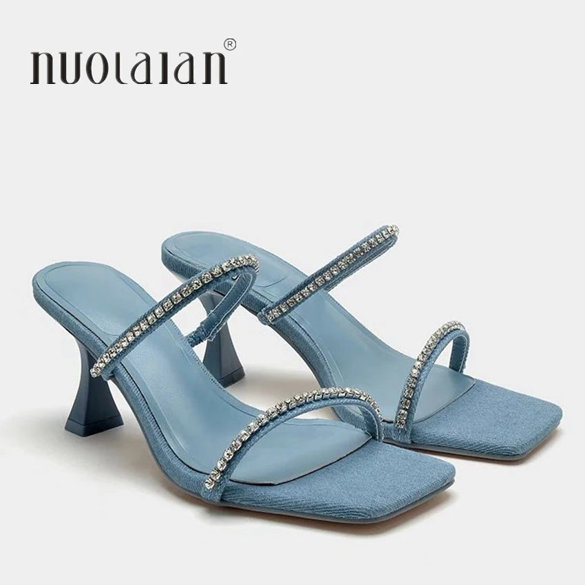 Women's Crystal Rhinestone Heeled Mule Sandals