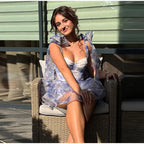 Women's Printed Floral Puffy Mini Dress - Halter Backless Layered Party Dress