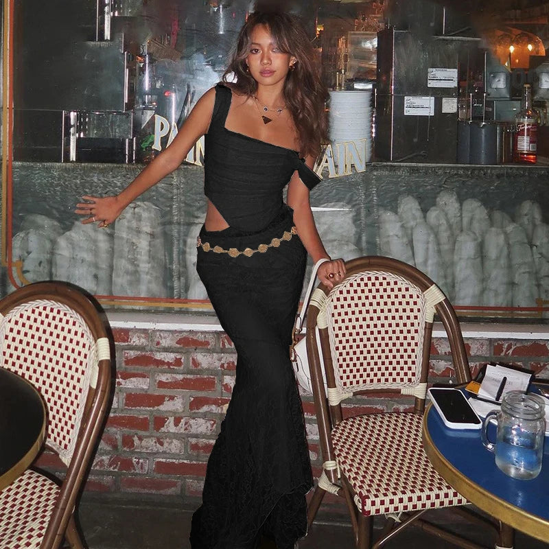 Women's 2-Piece Lace Corset Top and Maxi Skirt Set - Elegant Formal Event Dress