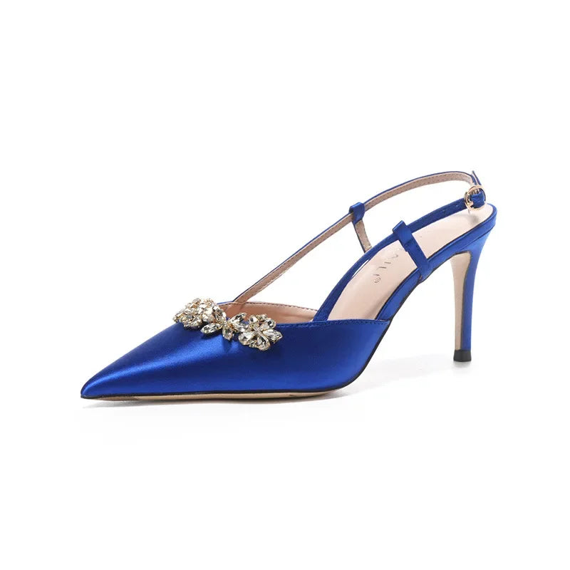 Satin Rhinestone Flower Heeled Sandals - Pointed Toe Stiletto for Women