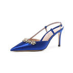 Satin Rhinestone Flower Heeled Sandals - Pointed Toe Stiletto for Women