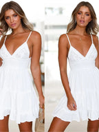 Women's Spaghetti Strap Mini Dress - V-Neck Lace-Up Beach Party Dress