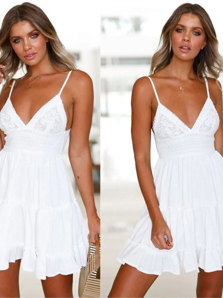 Women's Spaghetti Strap Mini Dress - V-Neck Lace-Up Beach Party Dress