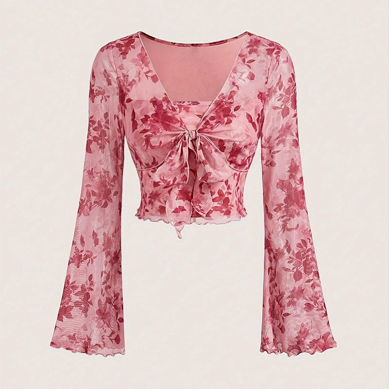 Y2K Floral Mesh Top - Flare Sleeve V-Neck Beach Party Shirt for Women