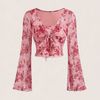 Y2K Floral Mesh Top - Flare Sleeve V-Neck Beach Party Shirt for Women