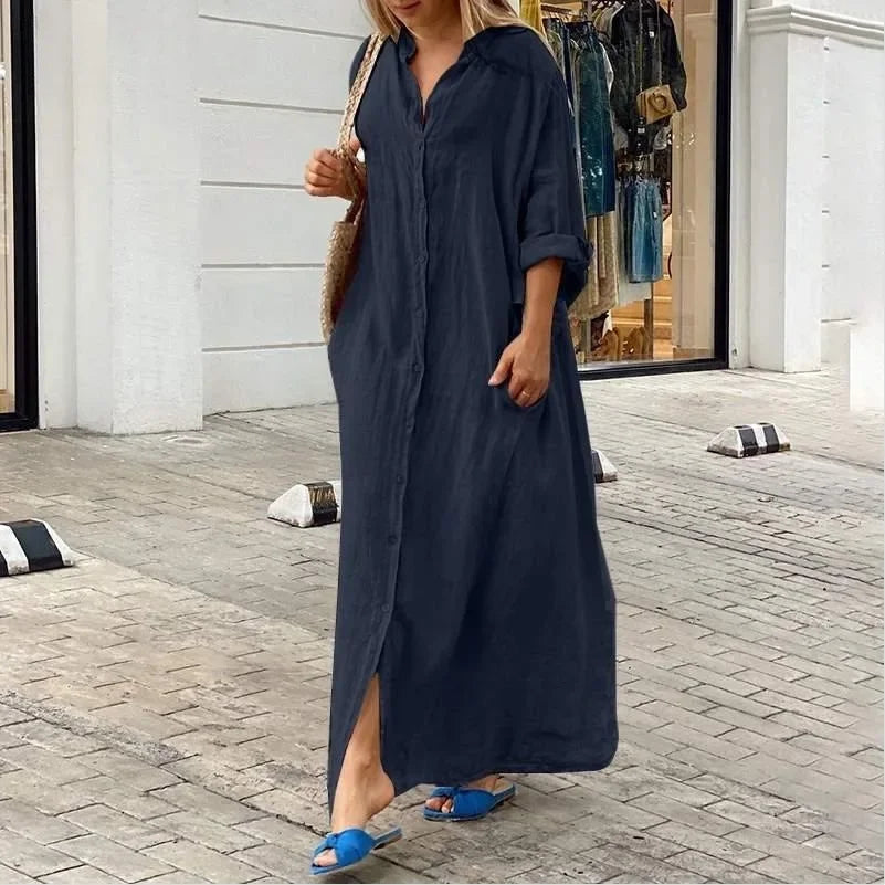 Women's Cotton Linen Maxi Dress - Loose Button Casual Dress