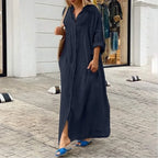 Women's Cotton Linen Maxi Dress - Loose Button Casual Dress