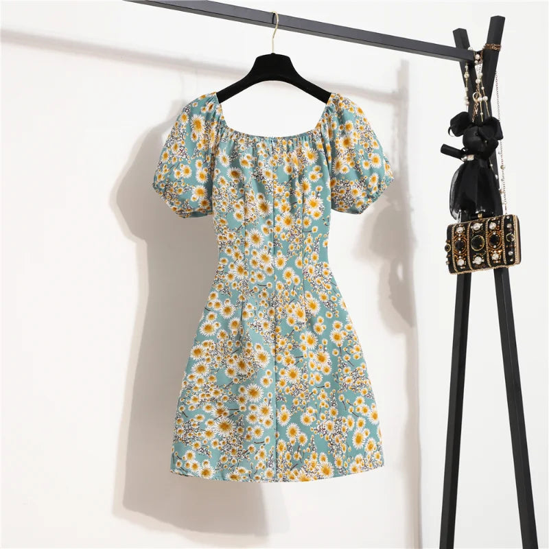 Women's Floral Chiffon Mini Dress - Puff Sleeve V-Neck Casual Dress