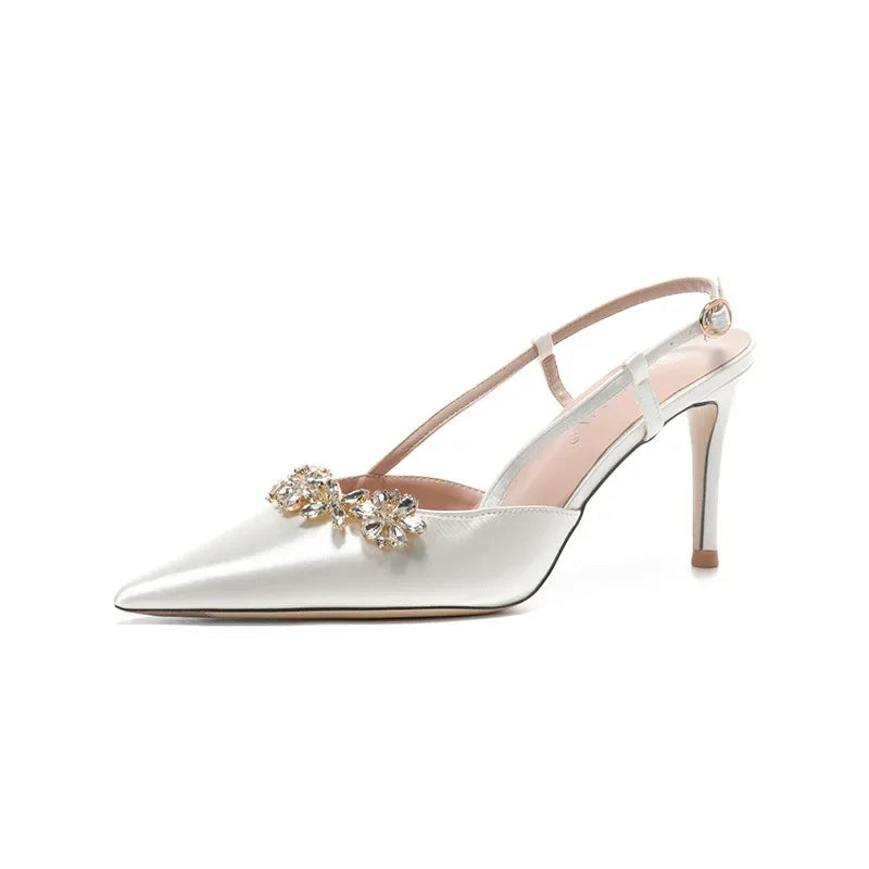 Satin Rhinestone Flower Heeled Sandals - Pointed Toe Stiletto for Women