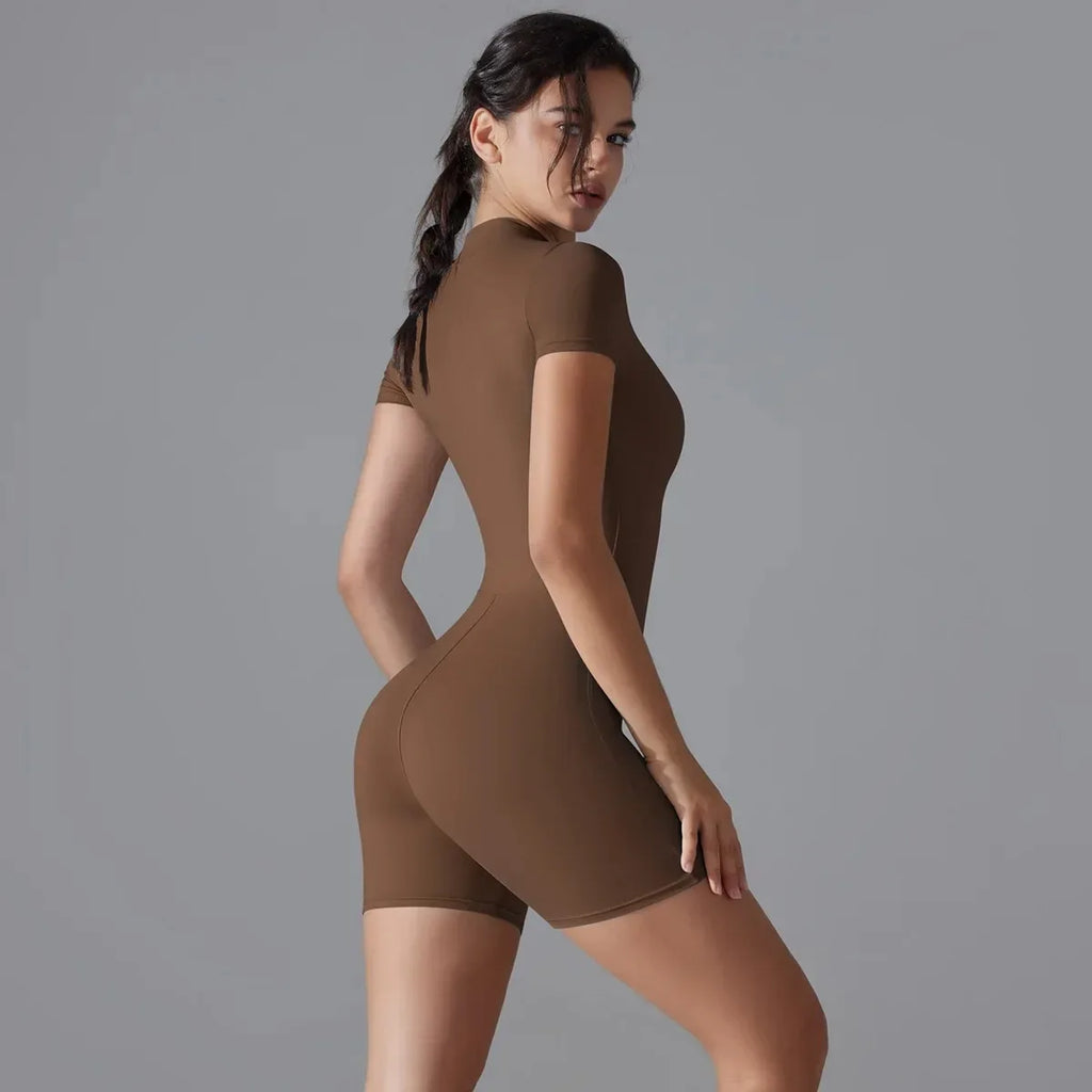 Yoga suit women's jumpsuit summer zipper short sleeved shorts yoga jumpsuit women's dance fitness tight fitting sports jumpsuit