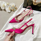 Satin Rhinestone Flower Heeled Sandals - Pointed Toe Stiletto for Women