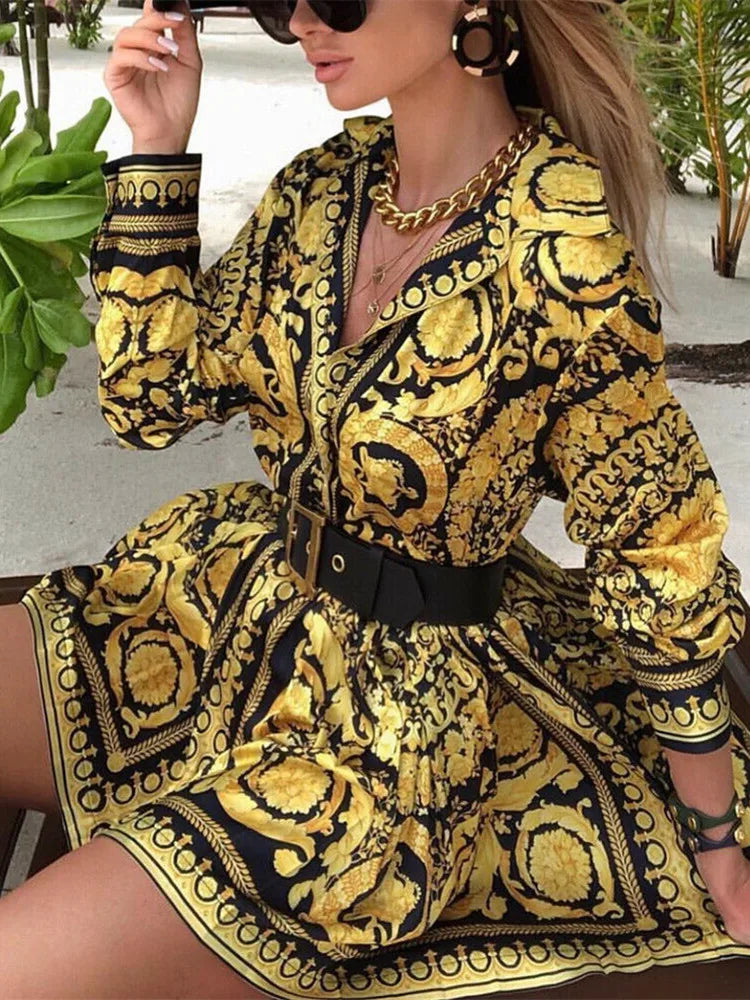 Printed Boho Shirt Dress - Long Sleeve V-Neck Mini Dress for Women