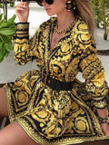 Printed Boho Shirt Dress - Long Sleeve V-Neck Mini Dress for Women