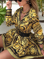 Printed Boho Shirt Dress - Long Sleeve V-Neck Mini Dress for Women
