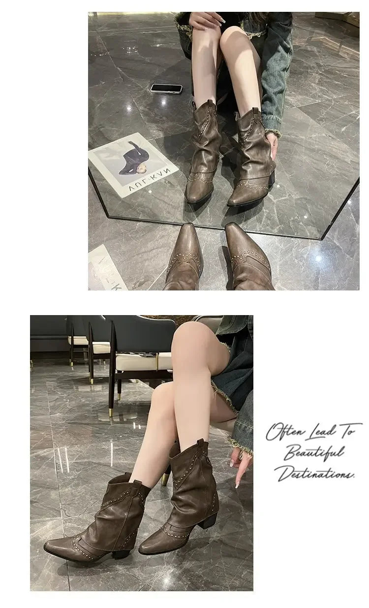 Retro Western Cowboy Boots - Pointed Toe Block Heel Mid-Calf Boots for Women