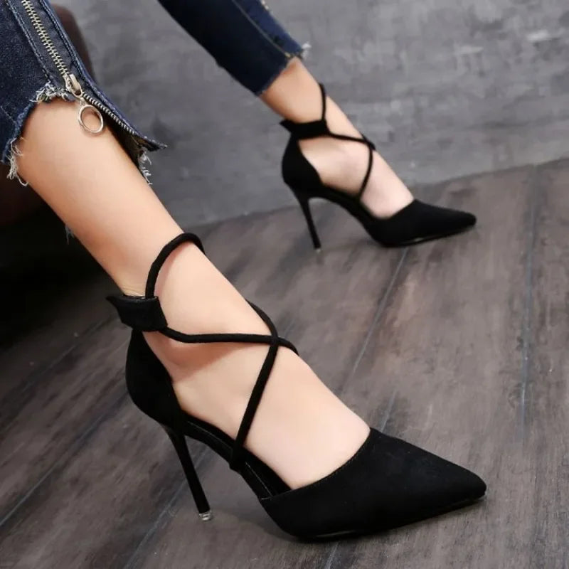 Cross-Strap Roman Sandals - Pointed Toe Stiletto Heels for Women
