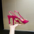 Satin Rhinestone Flower Heeled Sandals - Pointed Toe Stiletto for Women