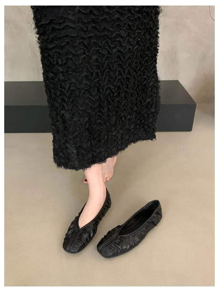Pleated Square Toe Loafers - Soft Ballerina Flats for Women