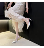Satin Rhinestone Flower Heeled Sandals - Pointed Toe Stiletto for Women