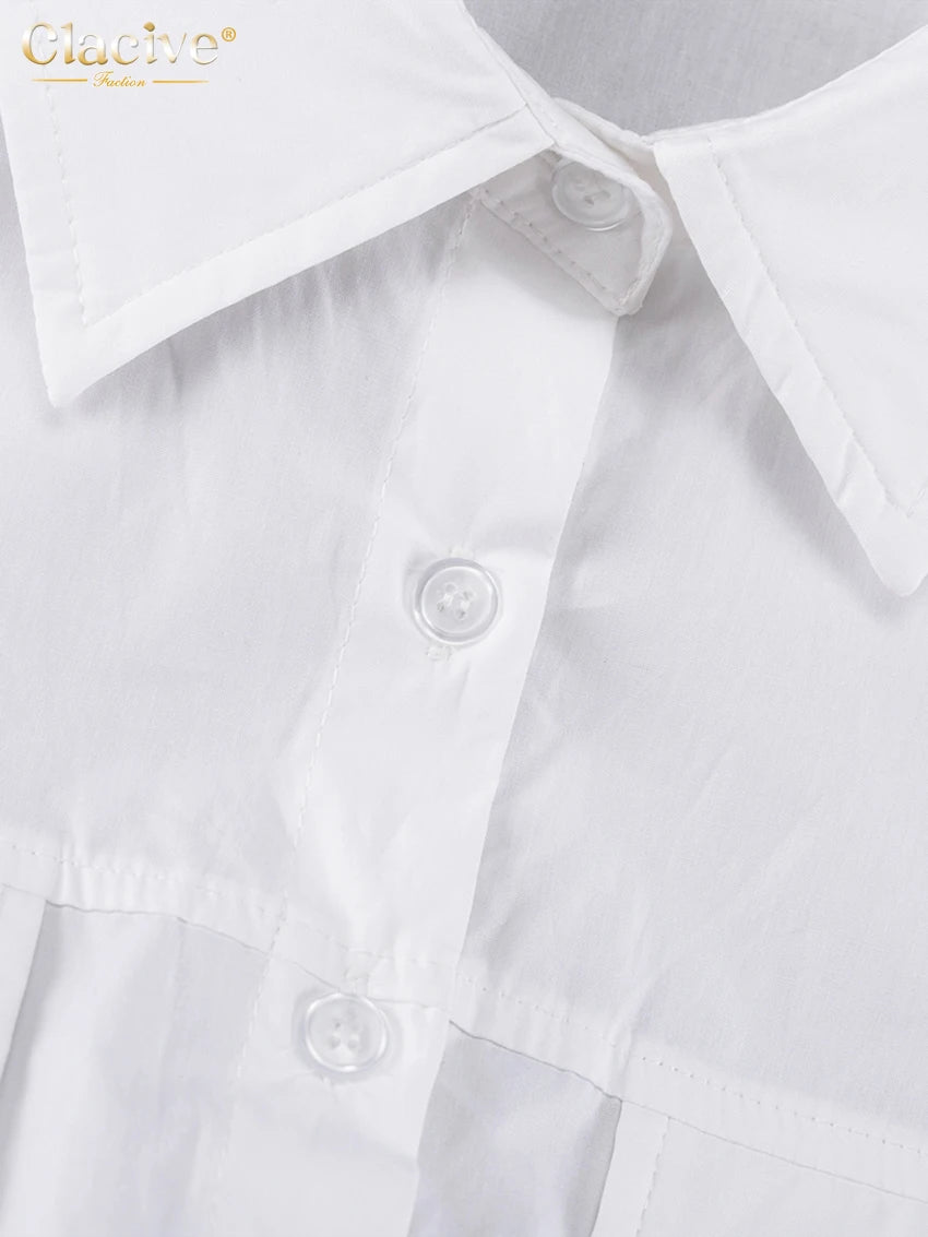 White Cotton Lapel Mini Dress - Long Sleeve Pleated A-Line Dress for Women