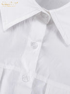 White Cotton Lapel Mini Dress - Long Sleeve Pleated A-Line Dress for Women