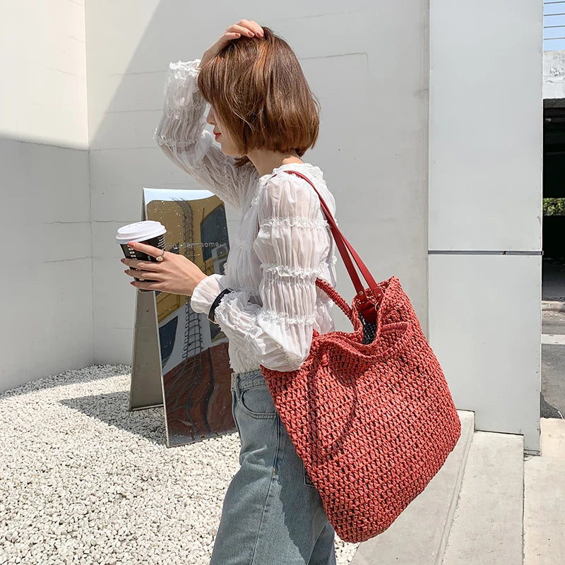 Women's Large Handwoven Straw Tote Bag - Rattan Beach Shoulder Shopper Bag