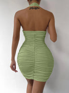 Women's Backless Halter Mini Dress - Deep V Sleeveless Club Dress