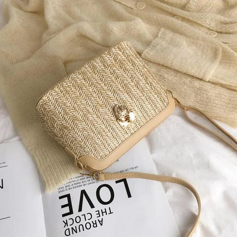 Women's Boho Straw Shell Crossbody Bag - Woven Rattan Beach Shoulder Purse