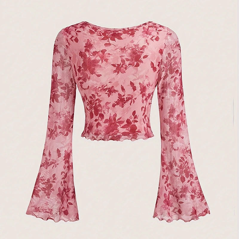 Y2K Floral Mesh Top - Flare Sleeve V-Neck Beach Party Shirt for Women