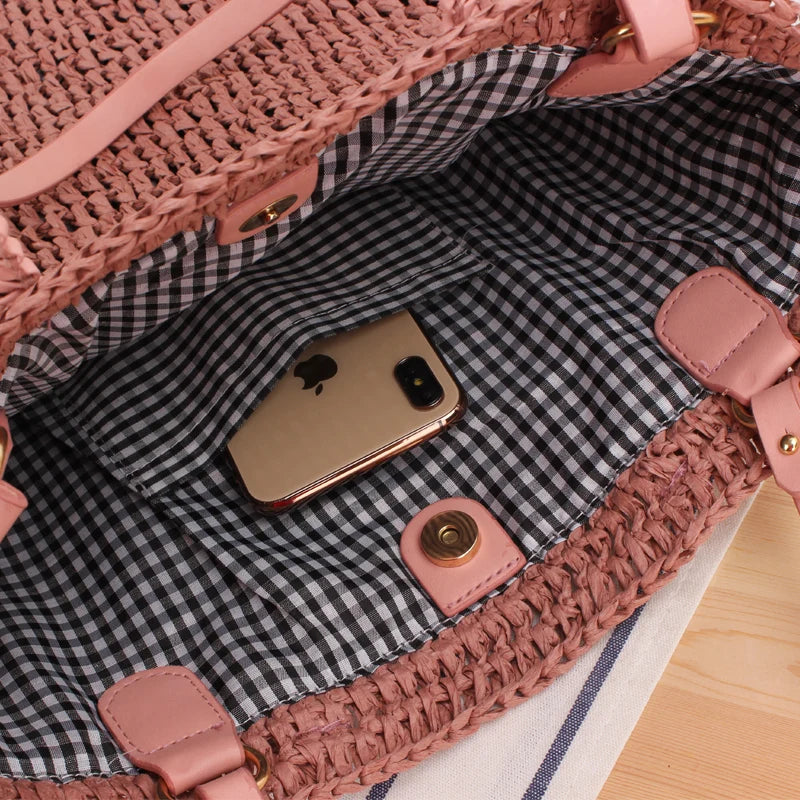 Women's Large Handwoven Straw Tote Bag - Rattan Beach Shoulder Shopper Bag